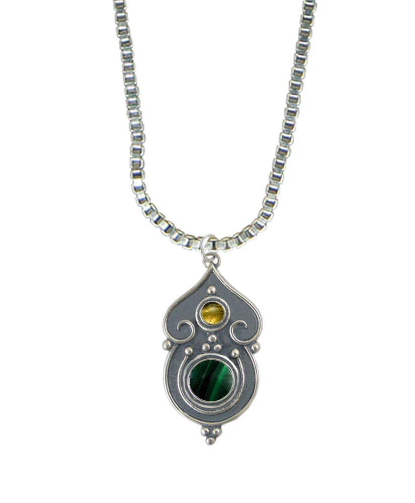 Sterling Silver Necklace Malachite And Citrine